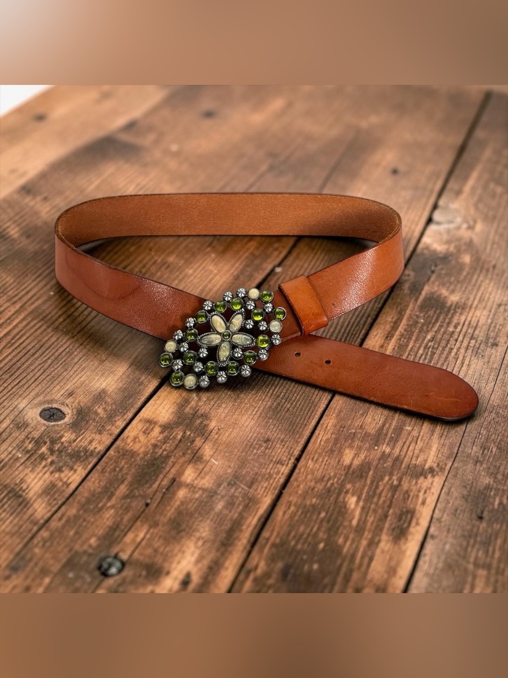 Hollister Brown Leather Belt with Decorative Floral Buckle Y2K